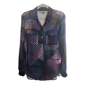 DKNY Sheer Long Sleeve Button Up Shirt w/ Cami Women’s XS Black Multi Geometric